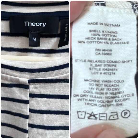 Theory Cream Blue Relaxed Fit Striped Combo Pocket Shift Shirt Dress Size Medium - Picture 11 of 12
